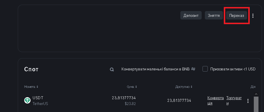 переказ USDT між рахунками на Бінансі