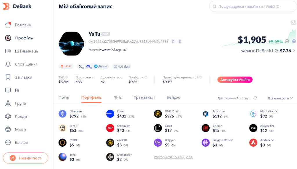 вкладка профіль у додатку Дебанк